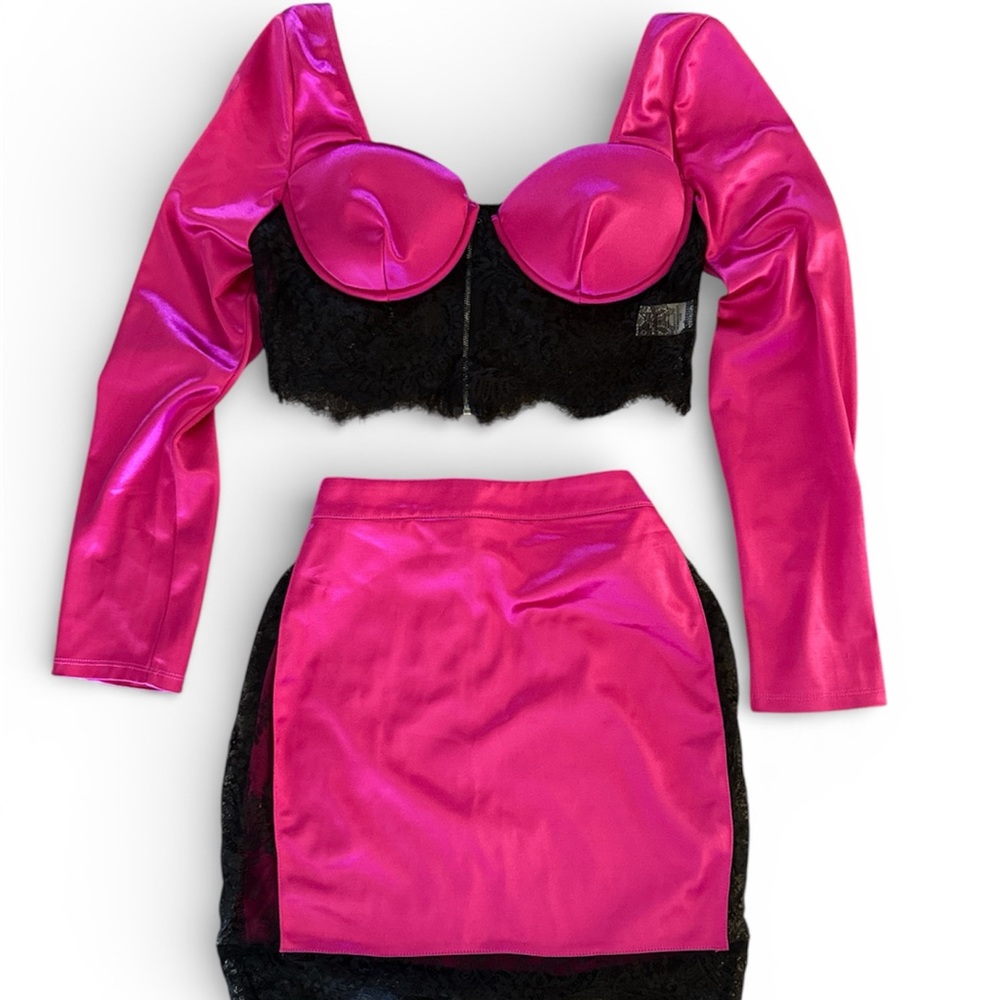 Hot Pink Satin Two-Piece Set with Lace Detail